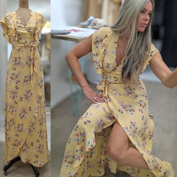 Yellow Flutter Sleeve Wrap Maxi Dress - Picture 3 of 10